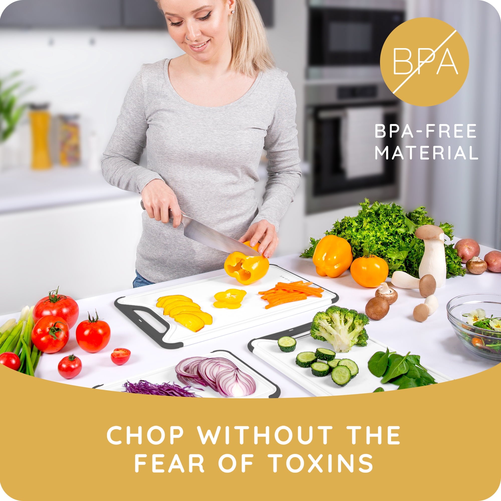 𝐁𝐏𝐀-𝐅𝐫𝐞𝐞 Cutting Boards for Kitchen - Plastic Cutting Board Set of 3, Dishwasher Safe Cutting Boards with Juice Grooves, Thick Chopping Boards for Meat, Veggies, Fruits, Non-Slip (Black)